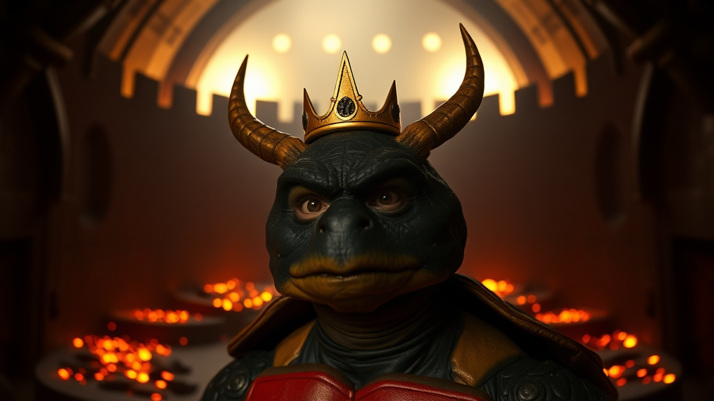 Interior. Dark castle illuminated by pools of glowing lava. 1980s movie makeup. Man dressed as a spiky turtle with horns and a small golden crown.