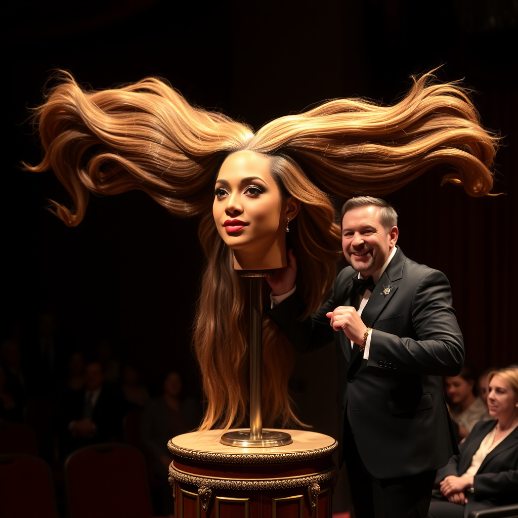 In a dimly lit theater, the atmosphere crackles with anticipation, the audience's murmurs a blend of curiosity and skepticism. On a grand, elegantly adorned display stand sits the disembodied head of the enchanting Beyoncé, her radiant skin glistening under the soft, warm glow of the spotlight. Her striking features are perfectly framed by cascading locks of lustrous, very long hair that shimmer with hues of light brown and hints of rich mahogany, reminiscent of polished silk.

Standing beside her is the magician, a charismatic figure in a sharp, tailored suit that glints with sequins in the light. With theatrical flair, he holds her voluminous hair aloft, fingers splayed wide, deftly spreading it out like a shimmering waterfall, mesmerising the audience. The hair flows like liquid night, each strand capturing the light as it falls gracefully to the ground, creating a stunning, almost surreal contrast against the stark wooden stage.

The magician’s face is lit with a confident smile, his eyes sparkling with the thrill of the performance, as he engages the audience with playful banter. Their gasps and laughter echo throughout the room, a symphony of wonder and disbelief. The scent of polished wood and fresh popcorn wafts through the air, mingling with the underlying electricity of the moment. Time seems to stand still as the audience leans in, captivated by the spectacle, a seamless blend of illusion and artistry that promises to defy reason and ignite imagination.