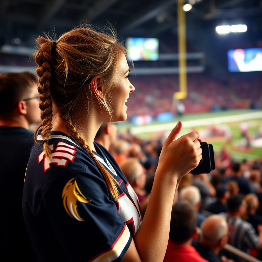 Female NFL fan, hot, pigtail hair, jersey, cheering, inside the crowd, watching a TV camera