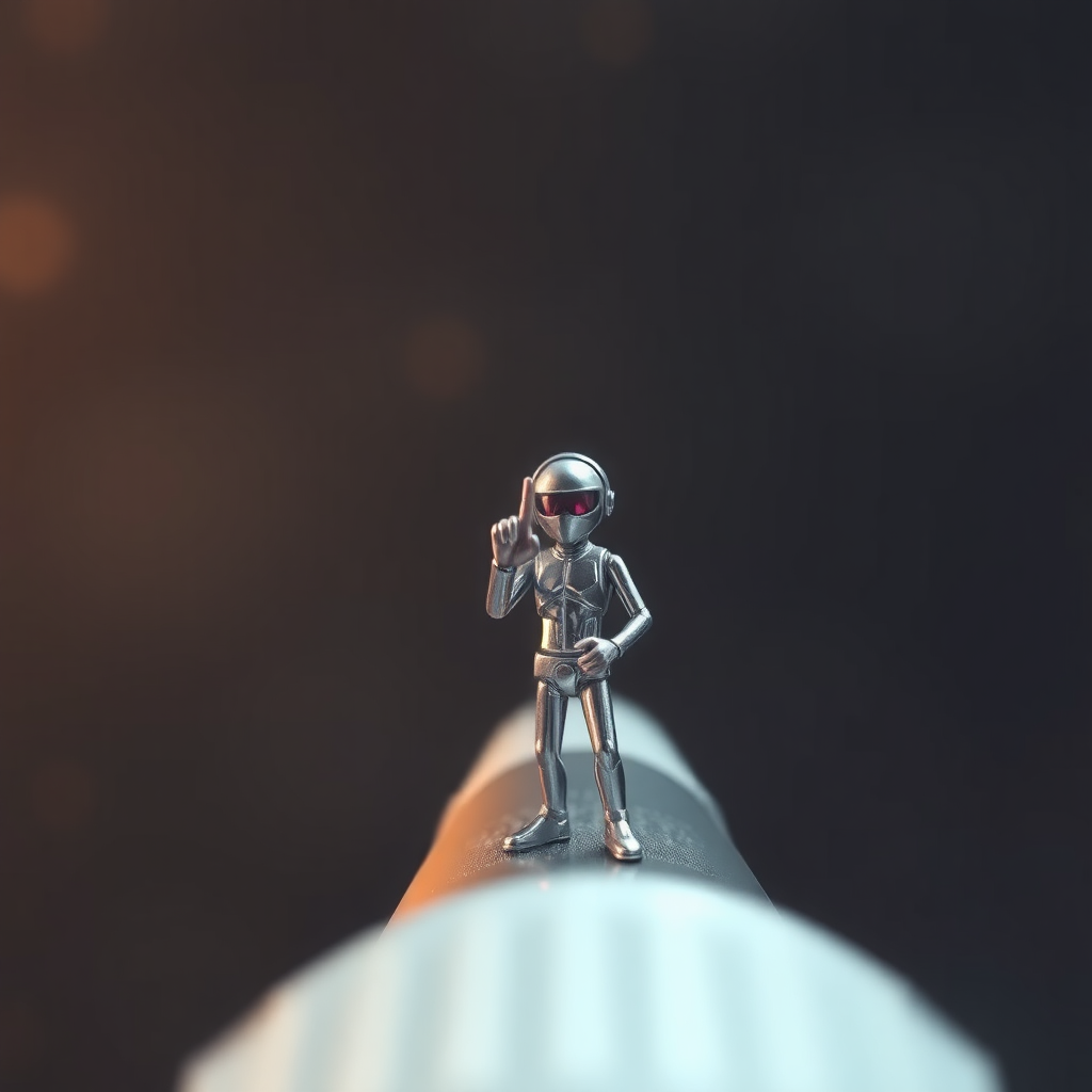 Sci-fi digital art. Tiny man (size of a pen) looking up at the viewer and showing middle finger.