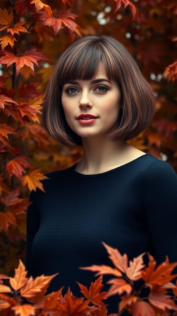 Beautiful model Anne Hathaway with a square bob haircut, surrounded by autumn foliage, in high definition.