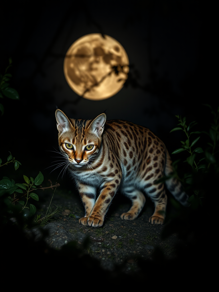 Create a hyper-realistic 4K image of a Rusty-Spotted Cat engaging in nighttime activities. The scene should be set in a dark, moonlit environment with subtle illumination to highlight the cat’s distinctive rust-colored spots. Include elements like shadows, moonlight filtering through foliage, and the cat's natural behavior, such as hunting or exploring, to capture the essence of its nocturnal lifestyle.