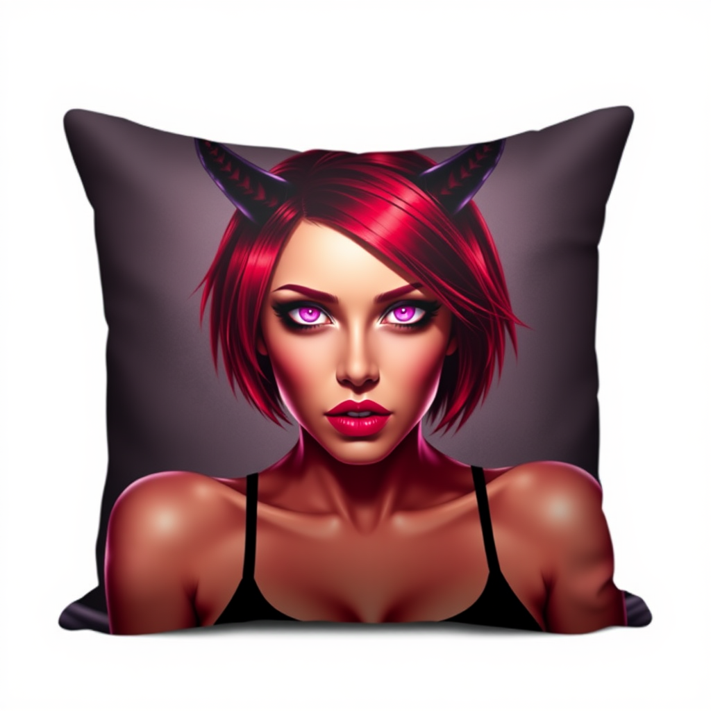 Pillow View of a sexy, hot, seductive woman; she has short red hair, two demon horns, pink glowing eyes.