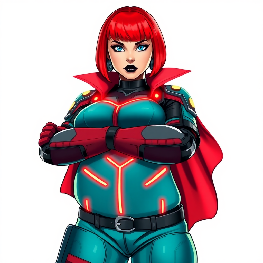 A 26-year-old heavy-set, magical girl vigilante detective with a bright red bob cut, black lipstick, and piercing bright blue eyes. She has a new non-athletic build, now highlighted by a prominent, round, gargantuan midsection (with heavy emphasis on her belly), which shows the aftermath of her vigilante big brother figure's pampering. Despite her new physique, she displays her usual confidence. She wears a high-tech, maximum turquoise biker suit, complemented by a glowing neon red cape and high-tech red gloves. Her stance is firm and resolute, arms crossed, exuding a no-nonsense attitude. Her costume reflects the influence of DC New 52 Prime Earth’s Phantom Lady, Jennifer Knight, while her pose embodies the moral ambiguity and determination reminiscent of DC’s Pax Americana’s The Question. She is on a solid white background. She is drawn as if she was in a retro 2D cyberpunk fighting game.