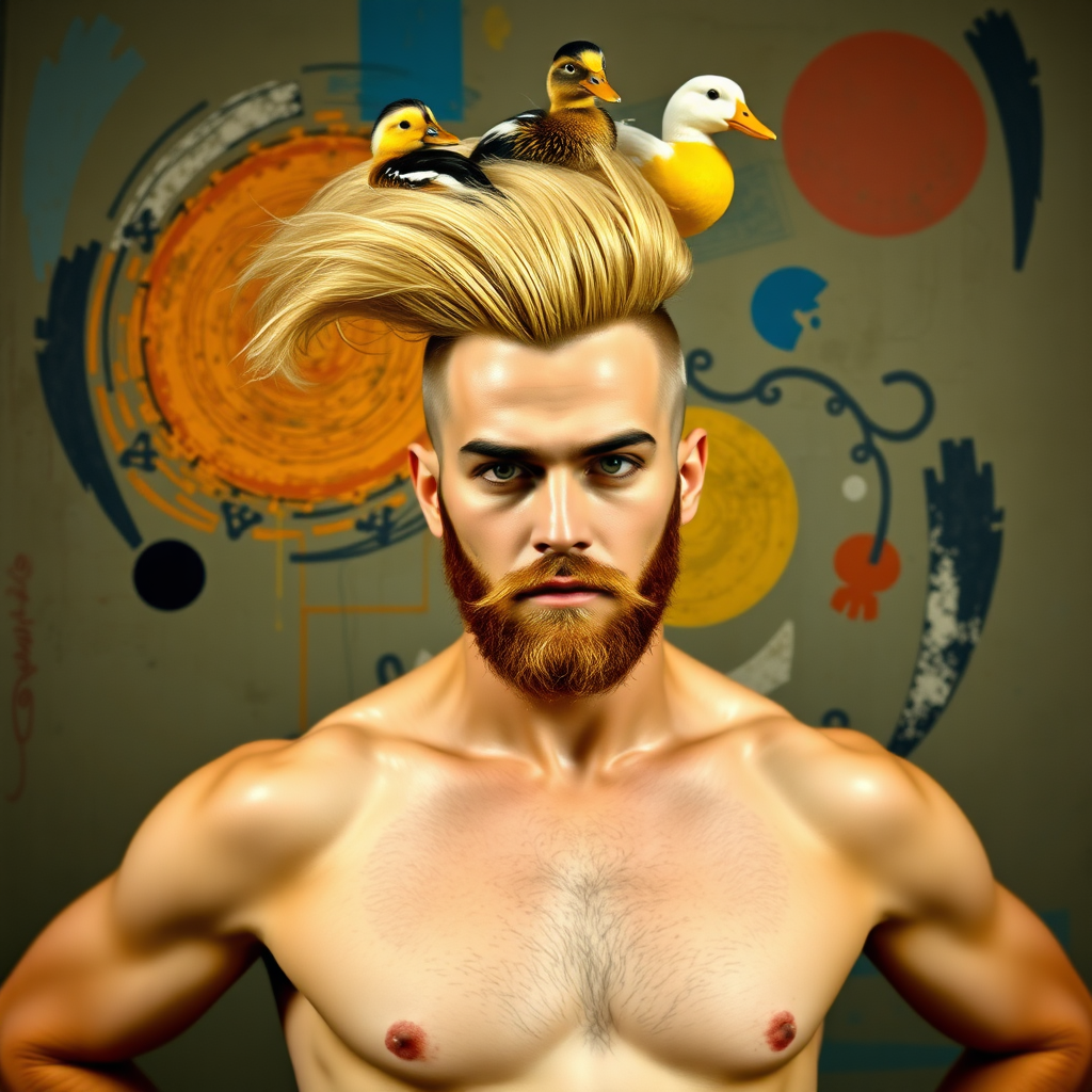 The background is a painting by Kandinsky. A 4K hyper-realistic photograph in the style of Kandinsky, blending surrealism with kitsch. The subject is a man with an extravagant, Italian blond haircut, styled in a flamboyant bun, paired with a sexy, Masculine look. He sports a neatly groomed, three-day beard — short, evenly distributed, with a light shadow effect across the chin, jawline, and cheeks. His makeup is dramatic, like a drag queen, adding to the boldness of his appearance. He has a muscular, athletic build. He’s naked, standing confidently with his hands on his hips. Above him, smaller ducks rest playfully on his head.