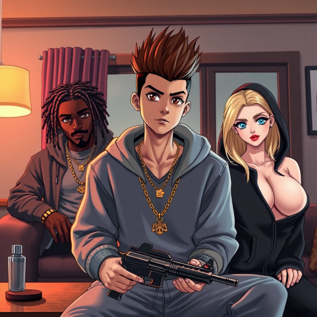 Anime background of a gang-living room, A handsome young-adult latino male, brown-dark fohawk hair, hazel eyes, skinny, wearing a swagger hoodie, sagging jeans, 4 necklaces gold around neck, gun on table, there is also a black-male thug with dreadlocks, there is also a sexy-blond girl with large breast and blue eyes wearing a black-hoodie and red-firey lips.