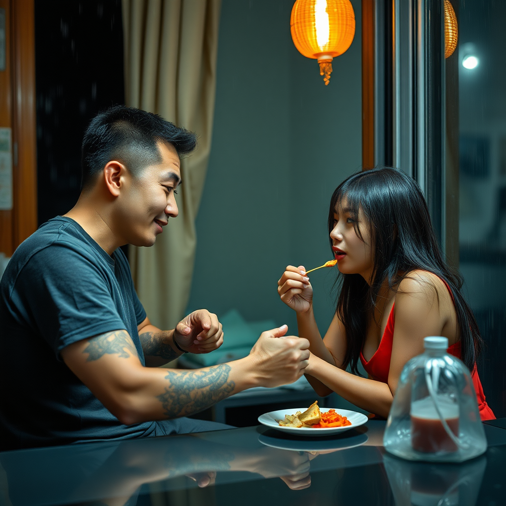 Taiwan, male tattoo artist, female online friend, rented apartment, eating, lighting, rainy days, rain, Cinematic Lighting, available light,