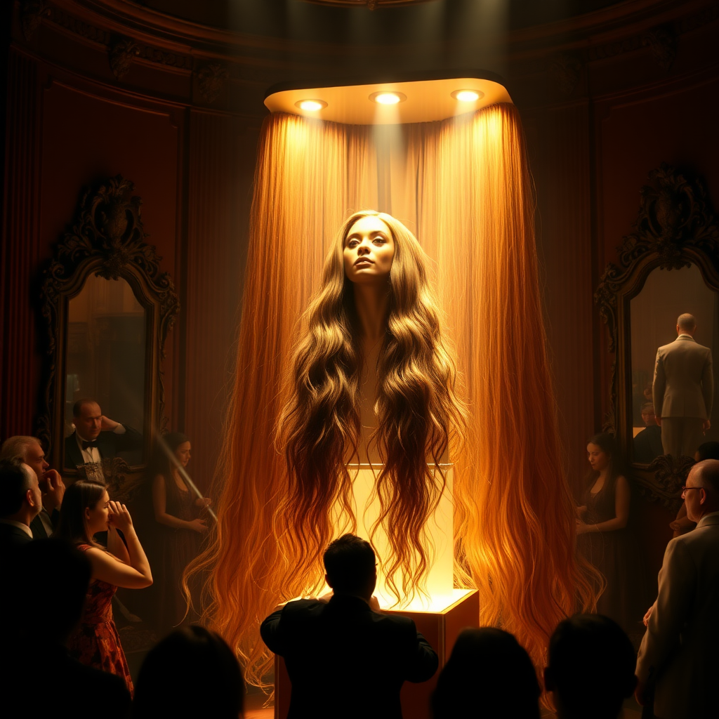 In an enchanting exhibit of a unique long hair fetish museum, a stunningly elaborate magic trick captivates the audience’s attention. At the center of the dimly lit space, a gracefully illuminated stand showcases the ethereal figure of Beyoncé’s disembodied head, framed by cascading waves of her lustrous, very long hair that cascades down like shimmering silk. The hair, glistening under soft, warm spotlights, exhibits hues of deep mahogany with subtle hints of golden highlights, creating an almost hypnotic effect.

Surrounding the stand, walls adorned with gorgeous, vintage mirrors reflect the shimmering locks, amplifying their beauty and allure. The hushed whispers of intrigued onlookers blend with the distant soft strains of classical music, enhancing the atmosphere of wonder and awe. The air is scented lightly with a blend of fresh flowers and rich sandalwood, creating a serene environment that feels both magical and slightly surreal.

As the audience watches, the hair seems to sway gently, as if a life of its own, evoking a sense of wonder and curiosity. The performer, dressed in an elegantly tailored suit, adds to the mystique as they skillfully manipulate the setup, their swift movements punctuated by gasps of disbelief and excitement from the crowd. This moment encapsulates a fusion of artistry and illusion, capturing both the essence of beauty and the intrigue of the extraordinary.