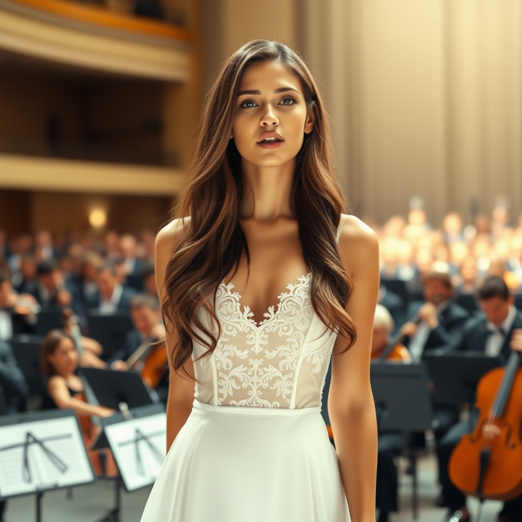 a young woman singing. a large orchestra in background. she stands in the middle of the stage. long brunette hair with highlights, bright blue eyes. suntanned skin. small lips colored pale rose. wearing an elegant long white dress with transparent lace and white pumps. photo from some distance.