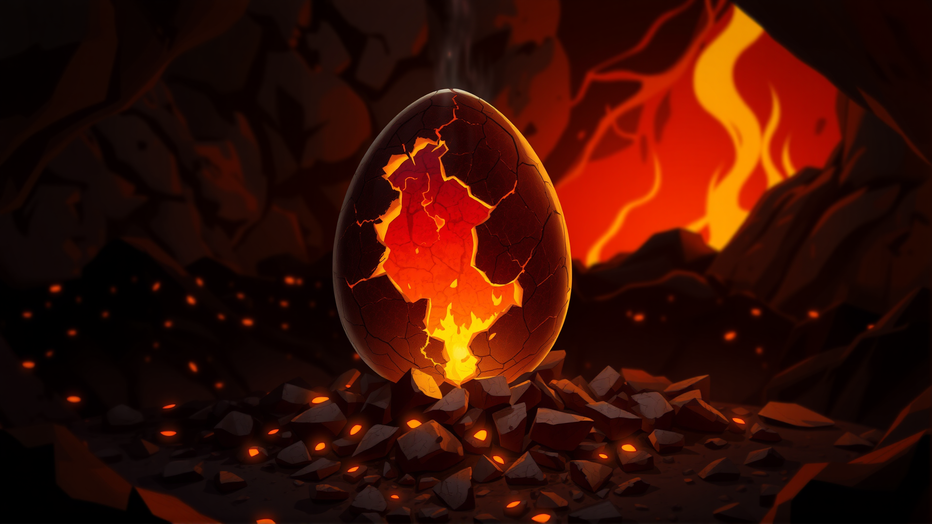 perfection style, a digital art illustration depicting a charred egg sitting on a pile of cinders in a cave full of lava and lit by the fires. The egg is covered with cracks glowing from the inside.