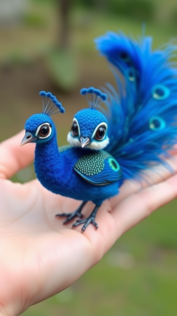 A small tiny cute chubby big eyes big perfect tail real blue dancing peacock on hand