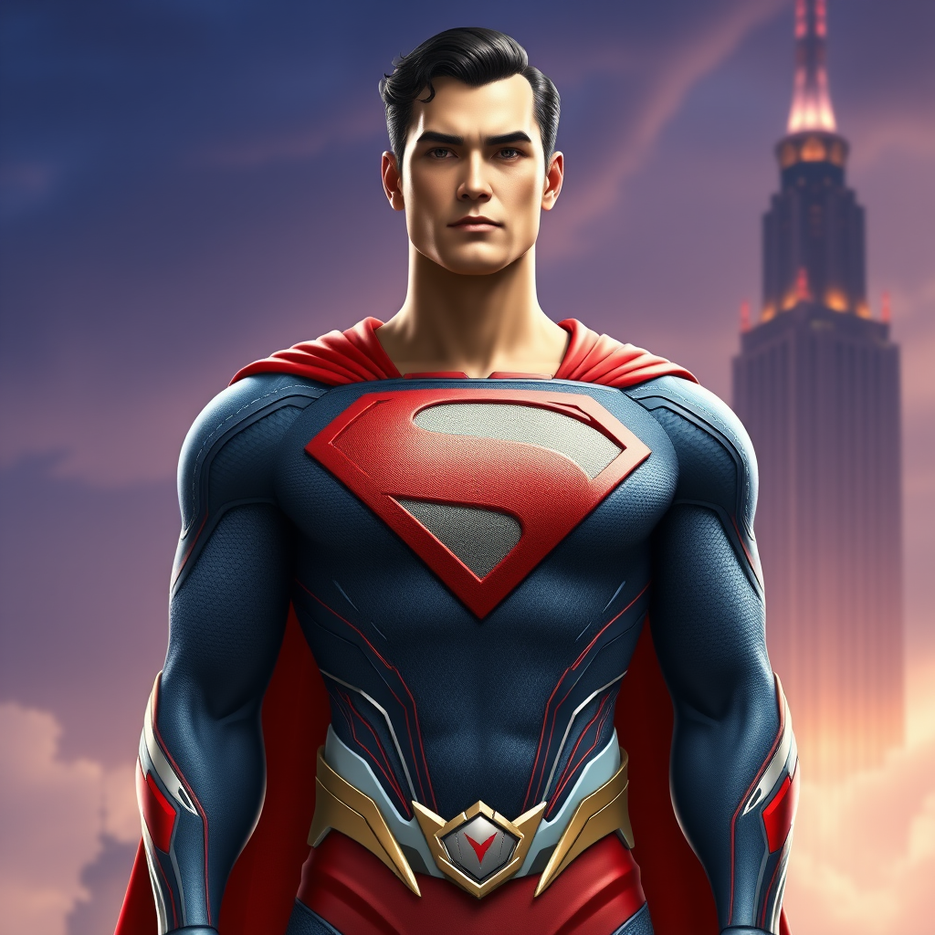 Create a full-length image of Superman with Mei-Ling's body traits from Overwatch, retaining Superman's original head and face. Focus on the torso, keeping the core costume but adding embellishments from Mei-Ling's design. Set the background in a blend of Metropolis and Lijiang Tower.