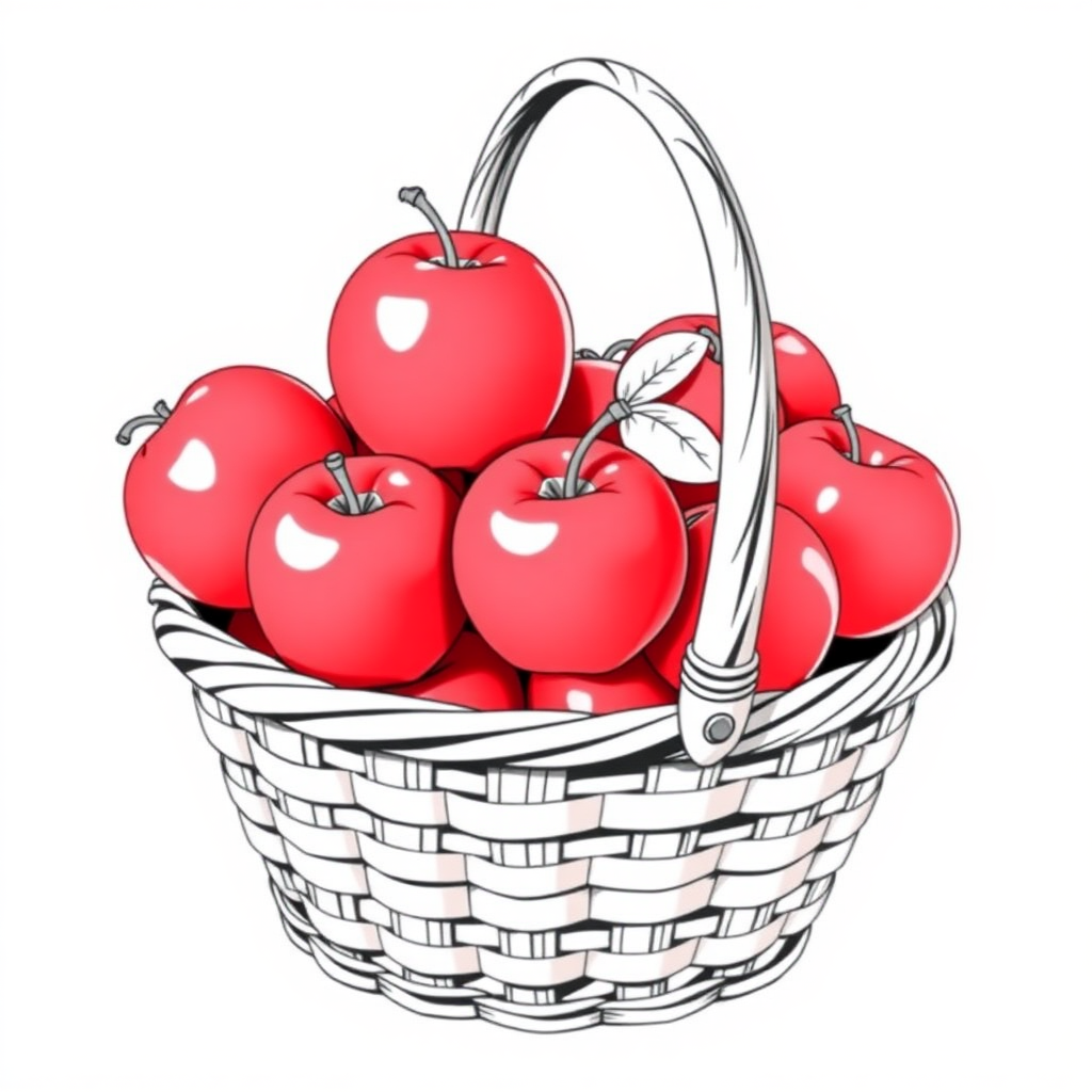 a color image of a basket of red, delicious apples, with a handle for the basket, a white background, and a stylized drawing compatible with B&W printing of the image