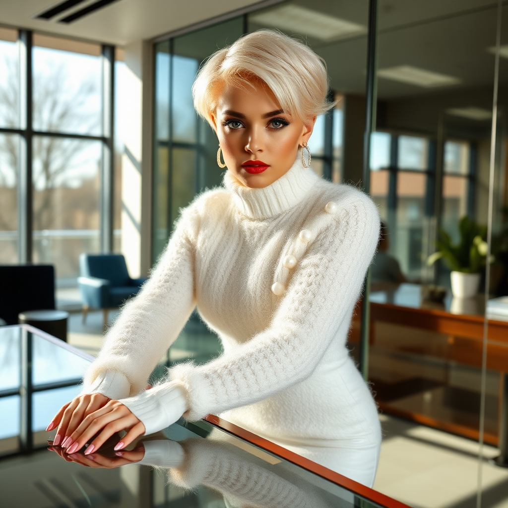 Sunny spring morning, modern glass-steel-concrete office, standing behind glass desk: Ana, European 17 years old very convincing femboy “trophy-bimbo”, tamed servile docile, very beautiful feminine flawless face, rather short boyish figure, platinum blond short tight curls, bold red lips, heavily made-up face, long French nails, wearing Supertanya-style chunky fluffy very fuzzy bright white plushy mohair figure-hugging turtleneck-knitdress with white pearl decoration, white vinyl thigh-high boots with golden heels, pearl earrings, serious, leaning forward hands on desktop presenting her assets, arrogantly looking at camera. Focus on face and knitdress.