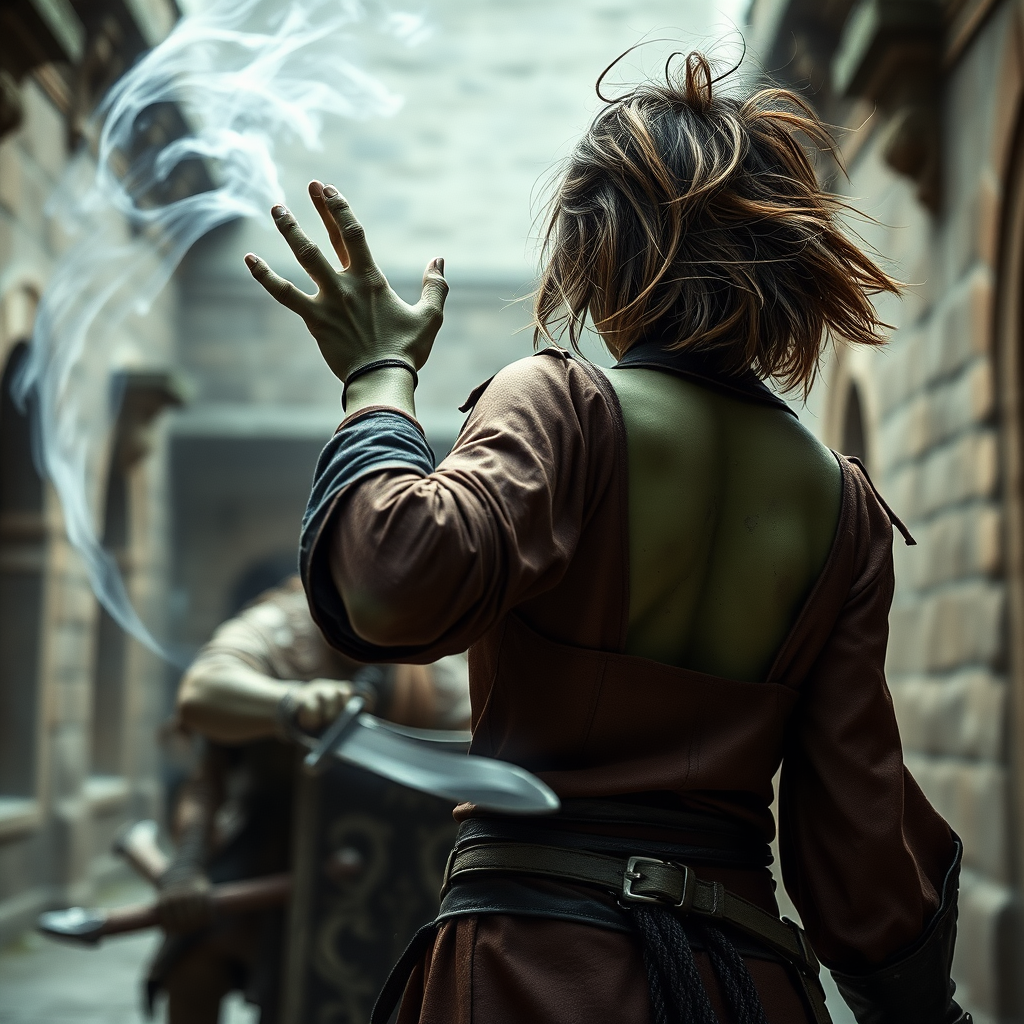 A full body shot from behind of a pretty twenty-something female orc wizard with a face resembling (ana de armas). green skin. casting a powerful magic spell at a goblin warrior. messy shoulder length hair tussled by wind. inside a courtyard. Hyper-realistic, Photorealistic digital matte painting, soft focus, film grain, lens flare. gritty, dirty, scuffed.