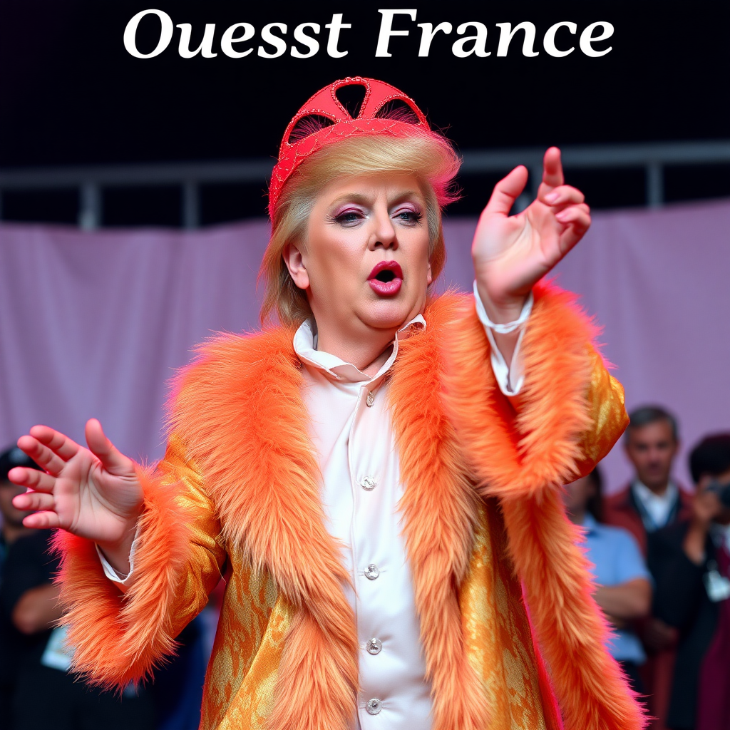 Donald Trump as a Drag Queen with brushing, eyeliner, pinky gloss and a flashy robe is dancing on a scene. 'Ouest France' is written above the scene.