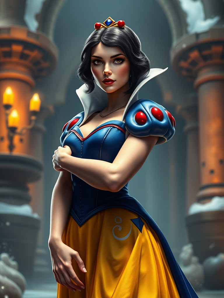 Create a hyper-realistic full-length render depicting Snow White with the physique of Duke Nukem. Retain Snow White's head, but adjust her dress to fit her new muscular proportions, altering the body structure and silhouette to match a masculine build while maintaining feminine facial features. Design a background setting that harmonizes elements from both fairy tale and action hero genres to complement the transformed characters. Ensure the scene is cohesive and visually striking, blending the magical essence of Snow White with the dynamic intensity of Duke Nukem.