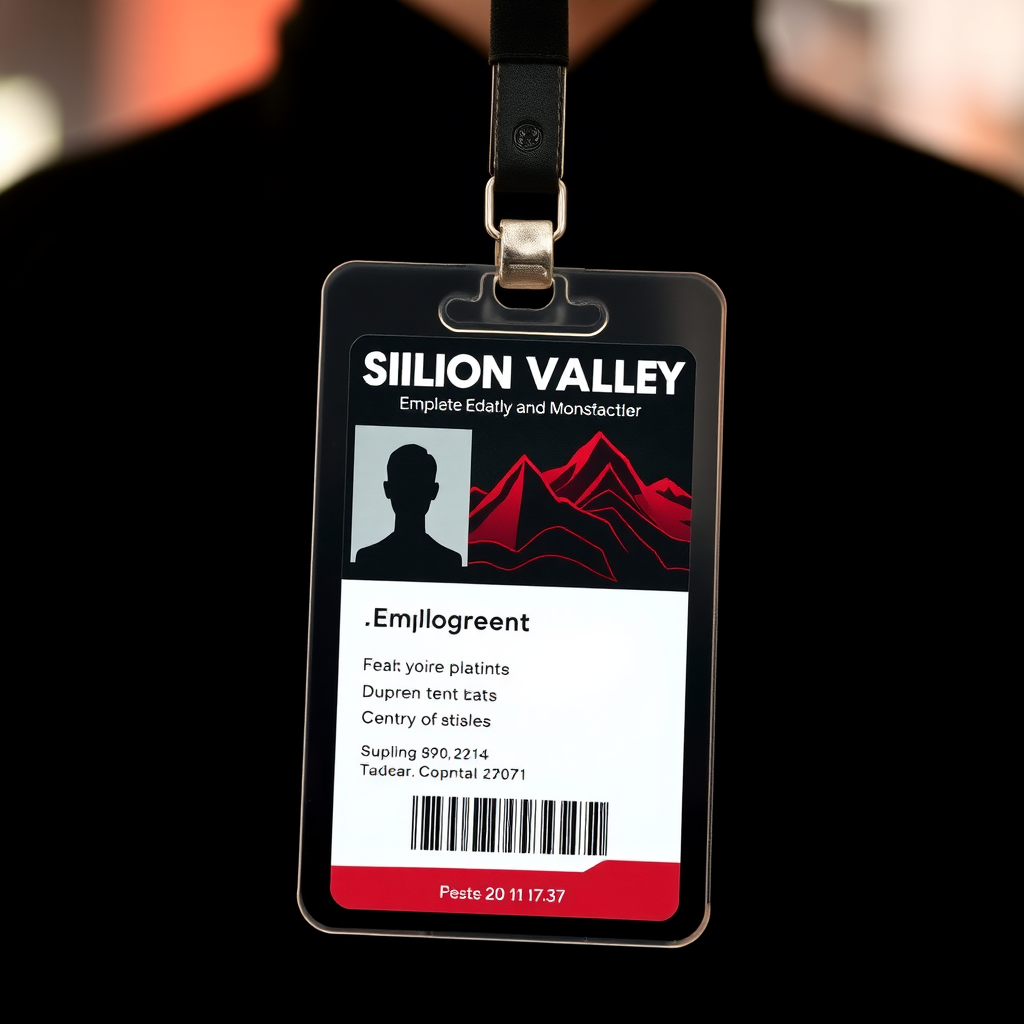 employee id card for tech company, professional themed, silicon valley esqe, red and black dominant color