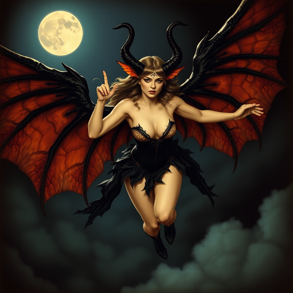 A beautiful winged succubus staring wickedly her outfit is designed to entice. She's flying high in a dark, moonlit sky. The scene is dark and spooky with the art styling of Brian Froud. Cosplayed by a young Drew Barrymore.