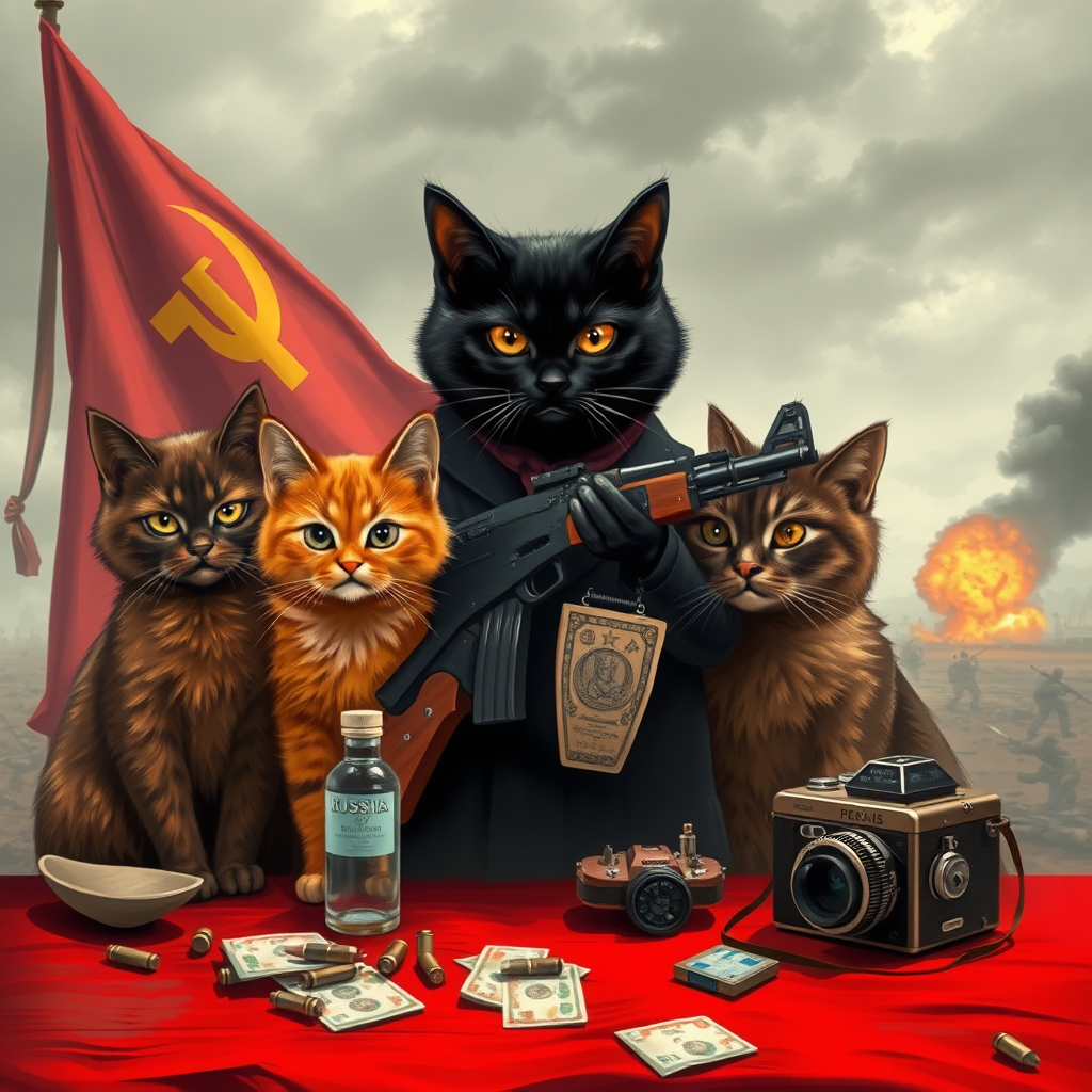 4 chatcatkat, black, orange, dark brown and light brown, USSR communist with an AK-47 and vodka and a USSR flag behind a table with bullet casings on it and Russian money and an old-fashioned camera on a battlefield with explosions.