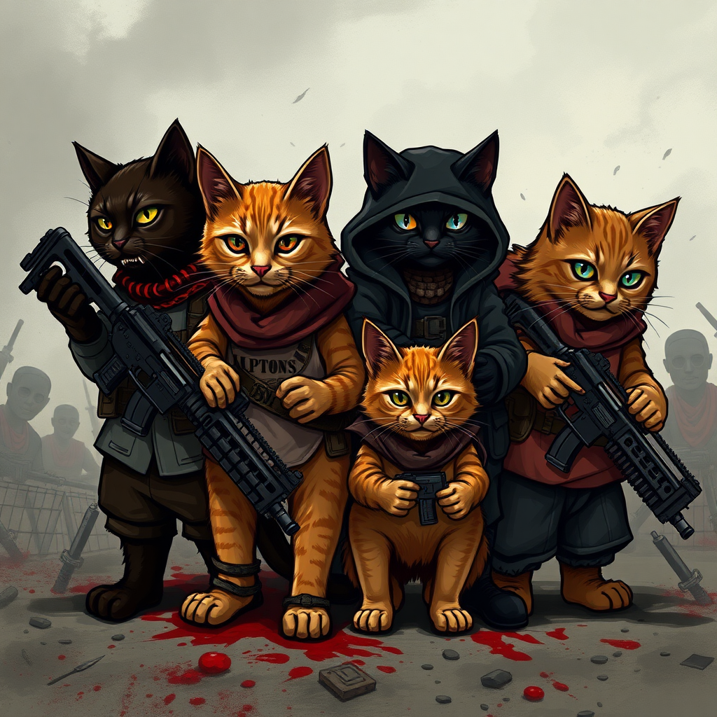 4 cats, 1 dark brown cat, 1 orange cat, 1 brown cat, 1 small black cat, they are all badass wearing gang clothes armed on a battlefield with blood.