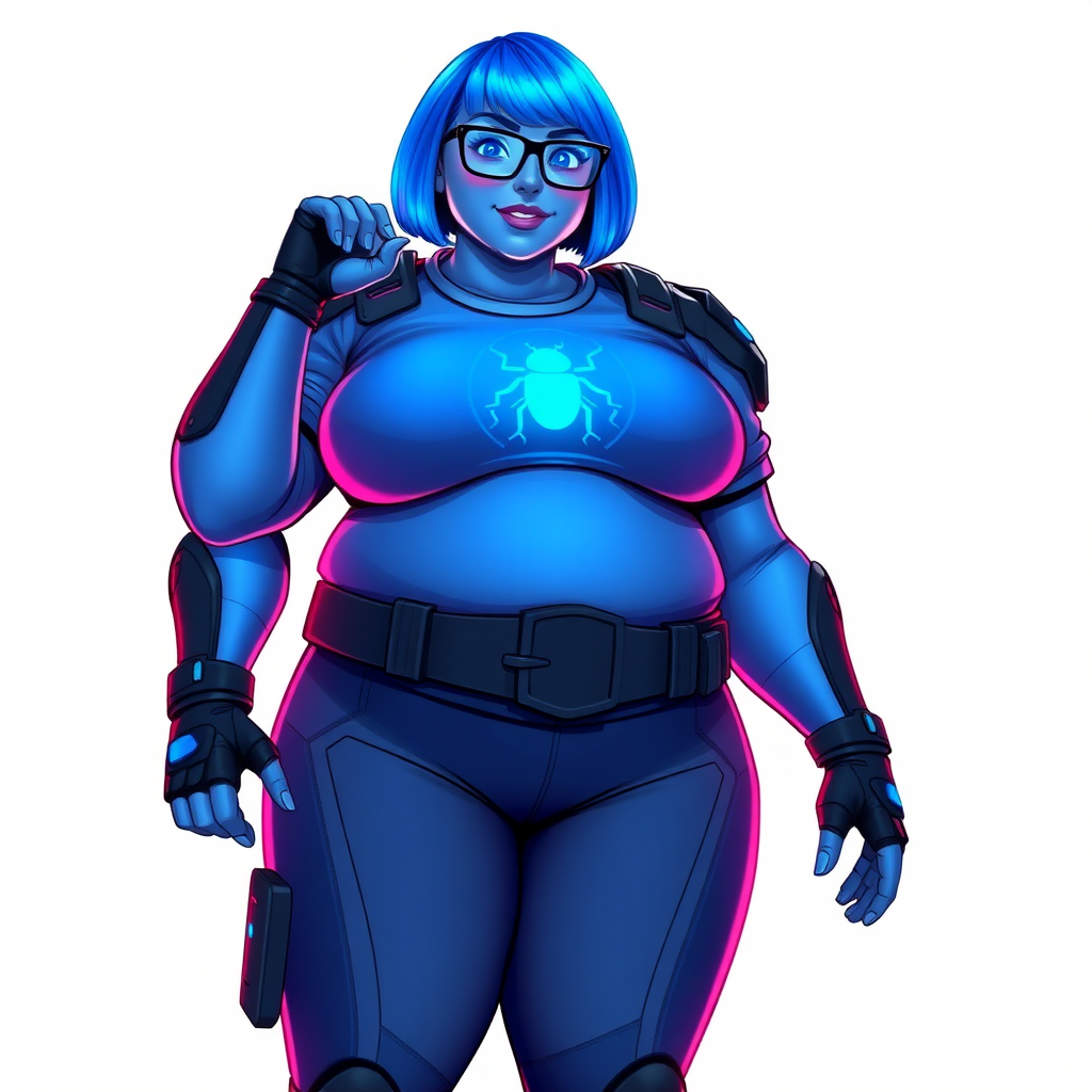 A 28-year-old, full-figured, metallic maximum blue (5PB 5/10) skinned computer program hybrid with a maximum blue bob cut. She has a non-athletic build, highlighted by a prominent, round, large midsection (with emphasis on her round large belly), which shows the effects of her love of junk food acquired from her boyfriend. As the full-figured, nerdy, digital sidekick to her cyberpunk vigilante boyfriend, her metallic maximum blue skin and maximum blue lipstick (5PB 5/12) emphasize her digital nature. Her skin has a subtle, animated glow, with digital patterns occasionally flickering across it, making her digital nature obvious. She wears a digital, computerized superhero costume, consisting of a massive, tight-fitting, maximum blue t-shirt (5PB 5/12) with a neon blue glowing chest icon of a beetle, hi-tech shoulder pads with neon blue accents, a black hi-tech belt with a digital neon blue glowing buckle, digital maximum blue biker pants (5PB 5/12) with neon blue accents, and black hi-tech fingerless biker gloves with neon blue glowing accents. Her neon blue glowing eyes, black eyeglasses with neon blue glowing lenses equipped with a built-in HUD, and bashful smile with neon red blush accentuate her nerdiness.

She stands with a shy, slightly hunched posture, one hand nervously adjusting her glasses while the other clutches a digital tablet close to her chest. Her pose reflects her intellectual curiosity and slight social awkwardness, much like Sci-Twi. Her costume covers all her skin and emphasizes her full-figured physique (especially her round belly). Despite her build, she radiates beauty. She has a slim face compared to her physique, accentuating her radiant beauty. She is on a solid white background. She is drawn as if she were in a retro 2D cyberpunk fighting game.