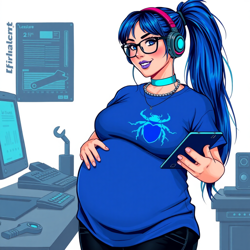 A cyberpunk vigilante’s full-figured intelligent and tech-savvy 28-year-old girlfriend, who is a computer hacker and tech genius. She has a long maximum blue ponytail. She wears maximum blue lipstick, blue eyes, a sapphire beetle gemstone necklace, sapphire earrings, black eyeglasses, and an oversized maximum blue t-shirt featuring a blue sapphire gemstone crusted chest icon of a beetle. She has a full-figured physique with a prominent, round belly, reflecting her well-cared-for lifestyle. She sports a sapphire headset with a hi-tech maximum turquoise lensed HUD, and a shy smile with a neon red blush. She serves as his tech expert from his hideout, diligently working at her workbench and computer desk, while holding an electronic wrench and a holographic computer tablet. The background is solid white. She is drawn as if she was in a retro 2D cyberpunk fighting game. Ensure her maximum blue t-shirt covers her belly.