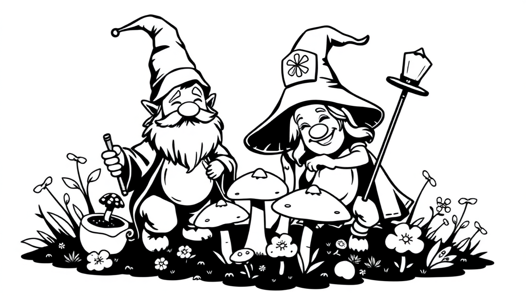 2 happy fantasy Gnomes tending a mushroom garden. wizard and a nurse. Black and White - no gradients or greys. Vector style, isolated on white