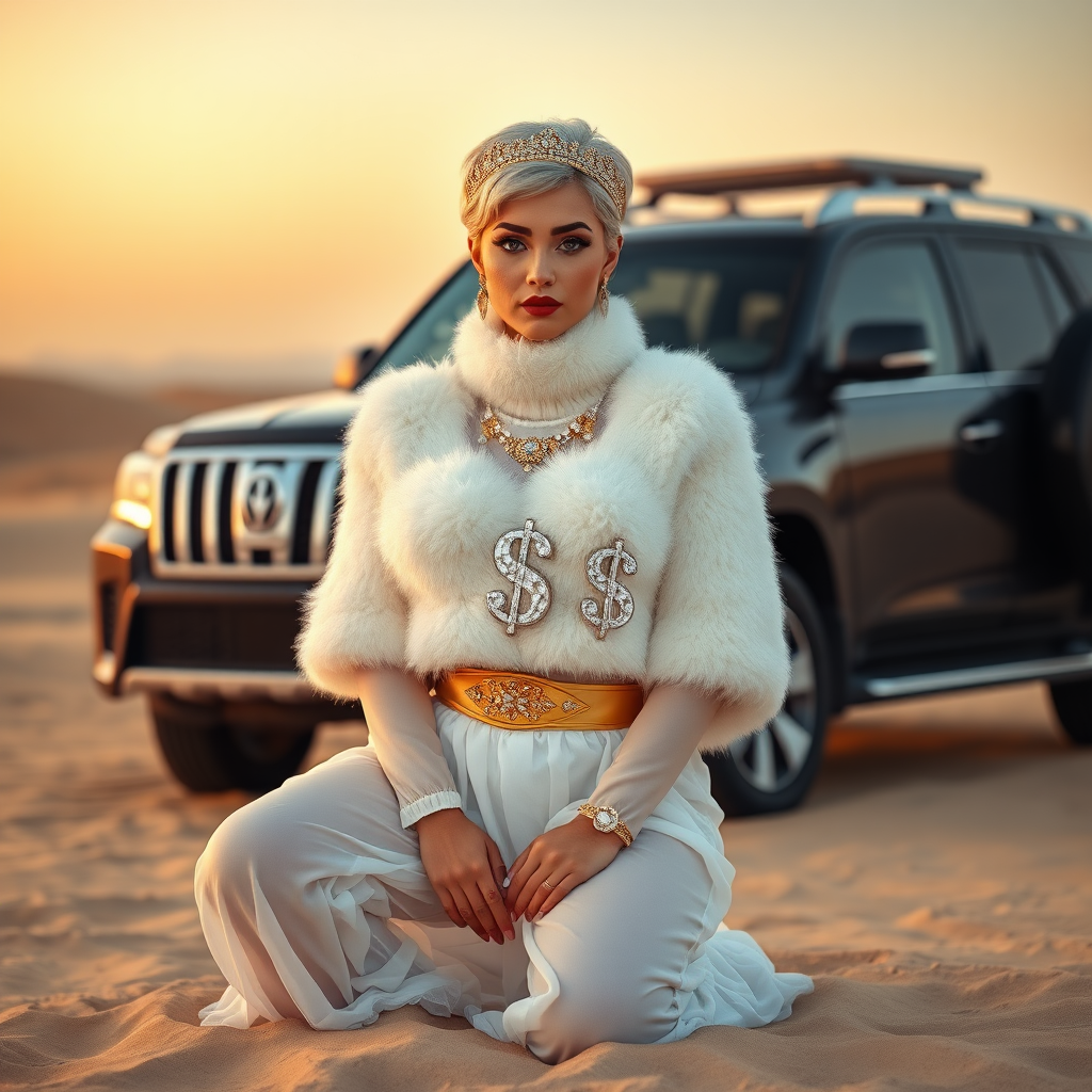 Kuwait desert dunes misty dawn, full size luxury SUV: Melissa, European 17 years old very convincing femboy “trophy-bimbo”, tamed servile docile, very beautiful feminine flawless face, rather short, by hormones very curvaceous womanly figured, platinum blond short tight curls, bold red lips, heavily made-up face, wearing Supertanya-style fluffy very fuzzy bright white angora turtleneck-poncho cropped ending under bust decorated with pearls and gemstones, striking oriental wide gold bridal protection belt, white fully transparent harem pants, full Oriental bridal jewelry with striking headpiece, full Oriental face-jewelry, striking diamond “$$$” letter brooch on left chest, pout frustrated, hands tied behind back, kneeling in sand in front of SUV, looking at camera. Focus on face and turtleneck-poncho.