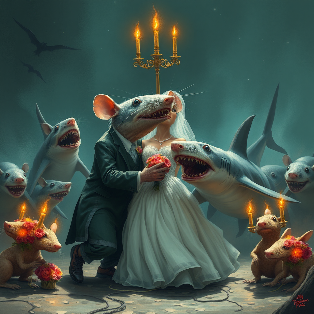 A rat wedding being attacked by hammerhead sharks, no text, Lovecraftian, sci fi