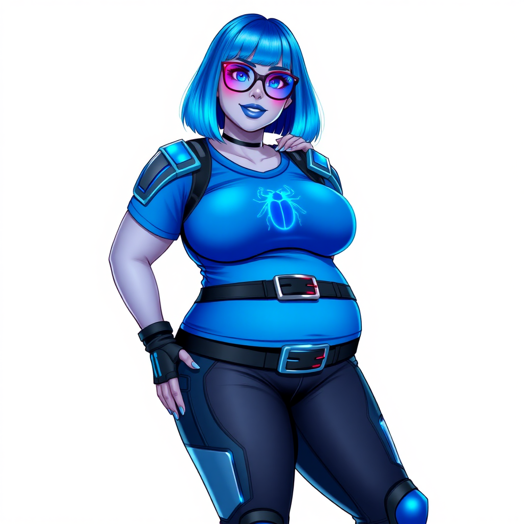 A 28-year-old, full-figured, vibrant metallic maximum blue (5PB 5/12) skinned computer program hybrid with a maximum blue bob cut. She has a non-athletic build, highlighted by a prominent, round, large midsection (with full emphasis on her large belly), which shows the effects of her new love of junk food acquired from her boyfriend. As the full-figured, nerdy, digital sidekick to her cyberpunk vigilante boyfriend, her vibrant metallic maximum blue skin and maximum blue lipstick (5PB 5/12) emphasize her digital nature. Her skin has a subtle, animated glow, with digital patterns occasionally flickering across it, making her digital nature obvious. She wears a digital, computerized costume, consisting of a huge, tight-fitting, maximum blue t-shirt (5PB 5/12) with a neon blue glowing chest icon of a beetle, hi-tech shoulder pads with neon blue accents, a black hi-tech belt with a digital neon blue glowing buckle, digital maximum blue biker pants (5PB 5/12) with neon blue accents, and black hi-tech fingerless biker gloves with neon blue glowing accents. Her neon blue glowing eyes, black eyeglasses with neon blue glowing lenses equipped with a built-in HUD, and bashful smile with neon red blush accentuate her nerdiness. She stands bashfully with one hand behind her back and the other hand gently touching her cheek, her costume covering all her skin and fully emphasizing her full-figured physique (especially her large belly). She is clearly non-athletic, with a focus on her full-figured physique. Despite her build, she radiates beauty. She has a slim face compared to her physique, accentuating her radiant beauty. She is on a solid white background. She is drawn as if she were in a retro 2D cyberpunk fighting game.