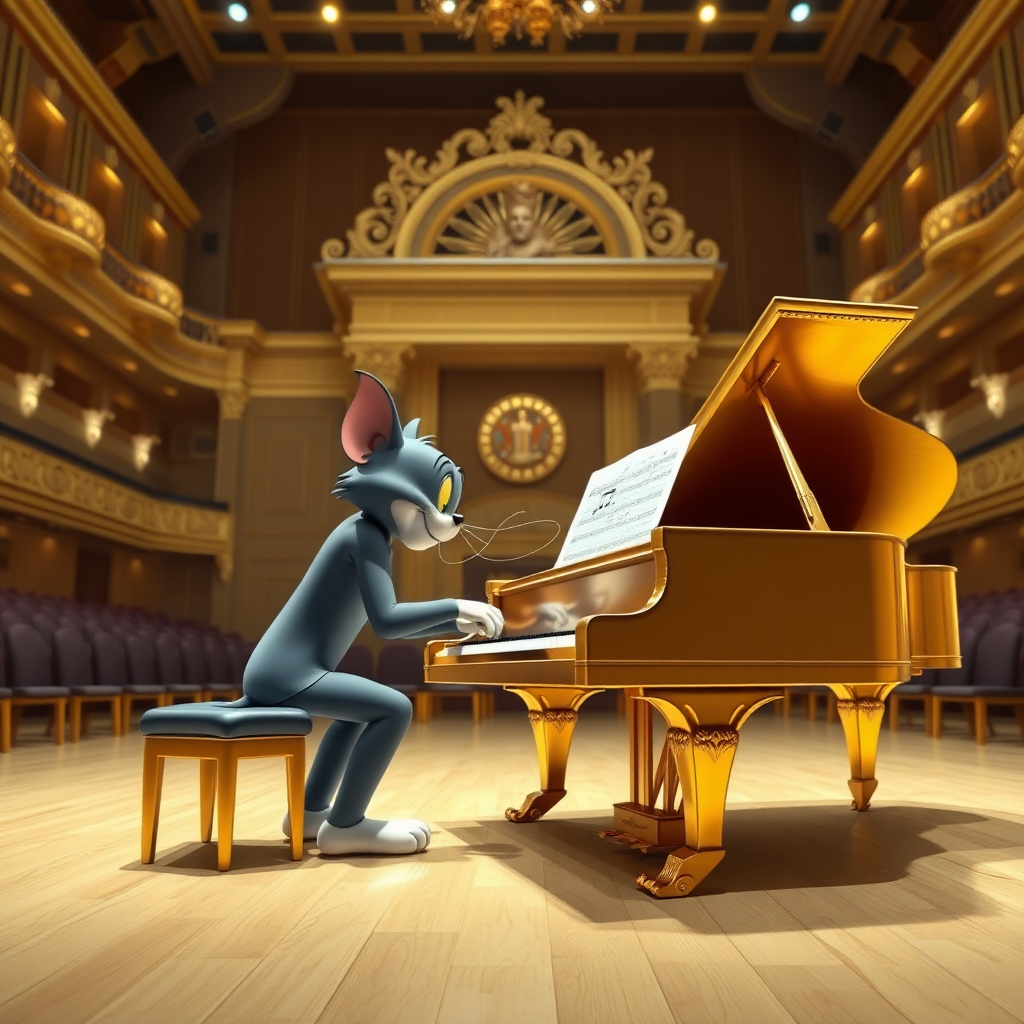 Tom is playing with Jerry (Jerry from Tom and Jerry) a 4 handed music piece on a golden grand piano in a giant concert hall in real 3d.