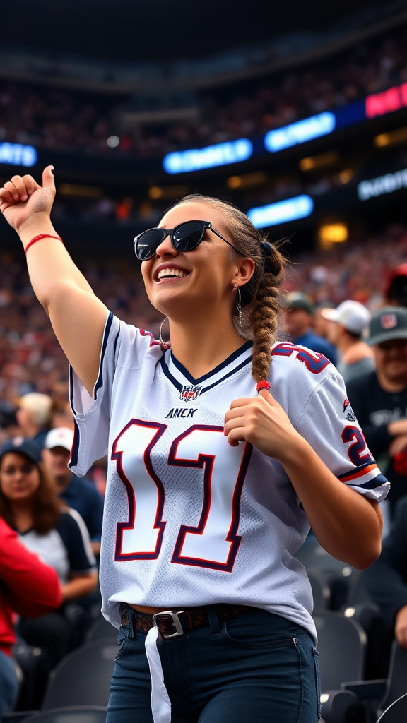 Attractive female NFL fan, pigtail hair, jersey, big titties, reacting to a victory, inside crowded stadium bleachers