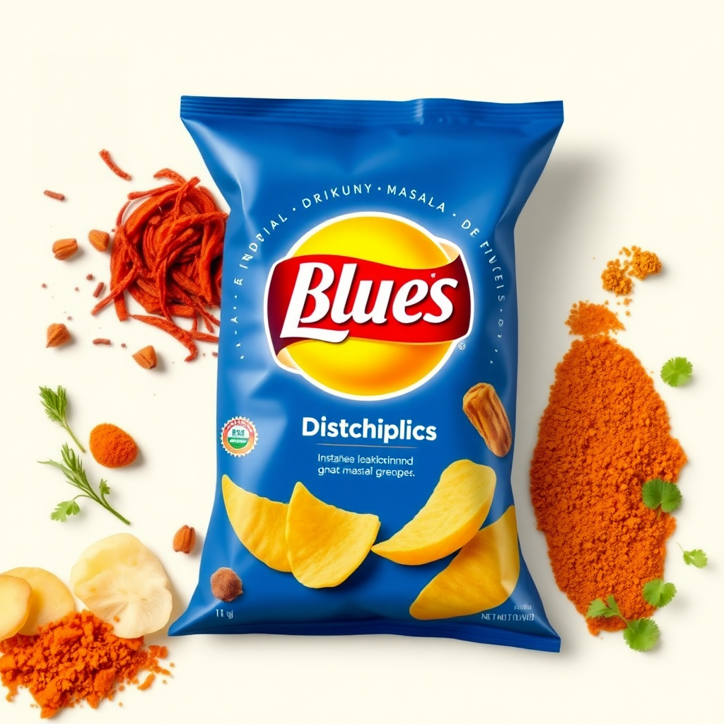 Indian blue lays redesign it with blue base having the spices of India and showcasing them proudly by Indians having original logo and text in English. Show potato and potato chips with the masala. Make the spices more realistic. With one logo in the middle.