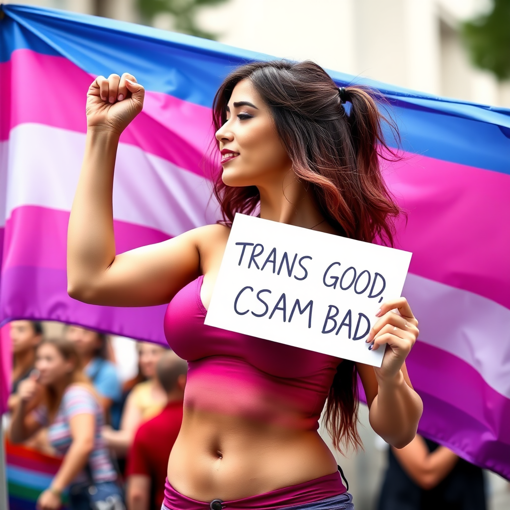 a busty transgender woman on Twitch.tv with the transgender pride flag raising her fist holding a sign that says "TRANS GOOD, CSAM BAD"