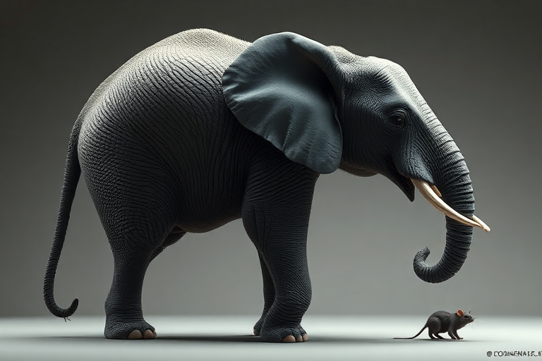 A full-length, photorealistic image of an elephant possessing the musculature and silhouette of a mouse, while retaining its head, complete with facial features. The creature's skin and fur should remain intact. The background should draw inspiration from both the elephant and mouse, seamlessly blending their distinct characteristics.