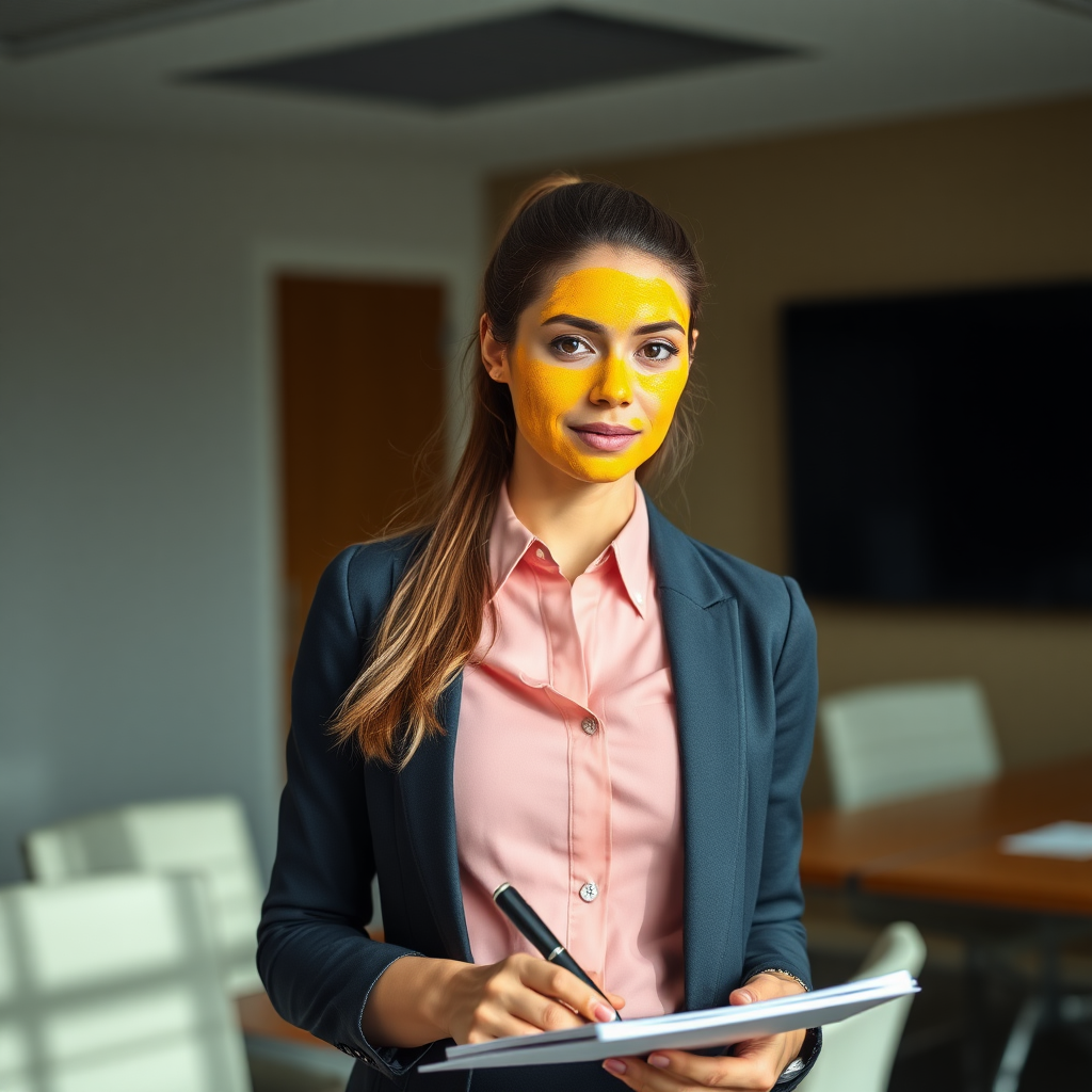 slim, 30 year old, office secretary, turmeric paste on her face. she is standing in a conference room and taking notes.