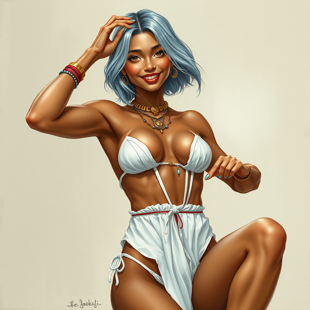 Uncommonly tall for a woman; being 6' (183cm) tall. She has brown skin and short flowing silvery hair. She is barefoot and has long, powerful legs. She has abs and is muscular. Her fingers and toenails are painted sky-blue. Her attire consists of a white primitive scant revealing two-piece bikini-like outfit with pale red, sky-blue, gold and purple bands on her neck, arms, wrists, shins, and ankles. fantasy painting high contrast, symmetrical proportional asian face. well-drawn, highly detailed, and beautiful rendering. One hand on head, exposing armpits, joyful smile, exaggerated tilted sexy pose.