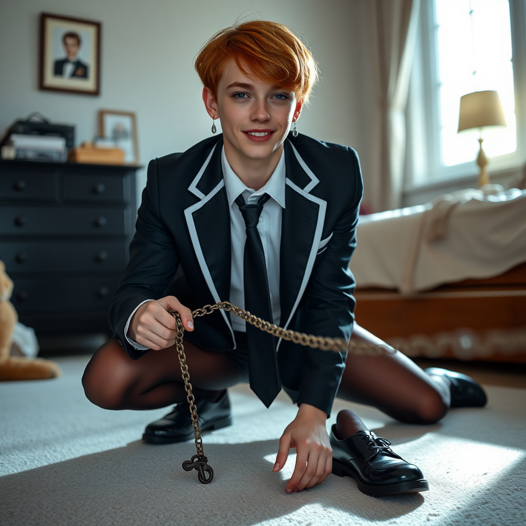 photorealistic, ultra high resolution, 16K, surreal fantasy, soft studio lighting, Tyler Swift is a pretty 18 year old goth male, slim male physique, auburn hair, goth makeup, earrings, shiny black pantyhose, school uniform shirt tie and blazer, Mary-Jane shoes, spikey neck collar chain and leash, on all fours in the bedroom, his boyfriend is holding the end of the leash, in daylight, excited smile, facing the camera.