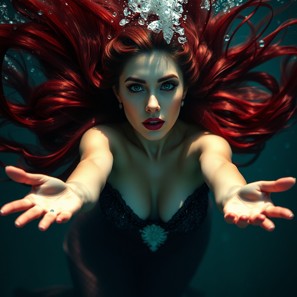 Vampirella as a mermaid underwater hair floating in a nimbus around her beautiful face her arms outstretched towards the viewer and she's looking down into the viewer's eyes making intense eye contact. diaphanous. Real DSLR HD Photography.