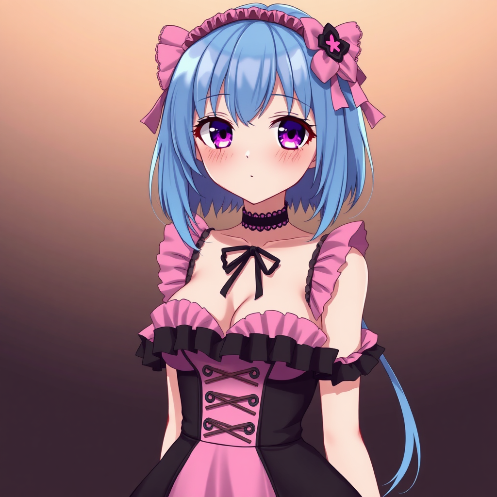 Anime girl with blue hair and magenta eyes that is wearing a pink-black gothic lolita dress. She has big boobs, a small waist and wide hips.