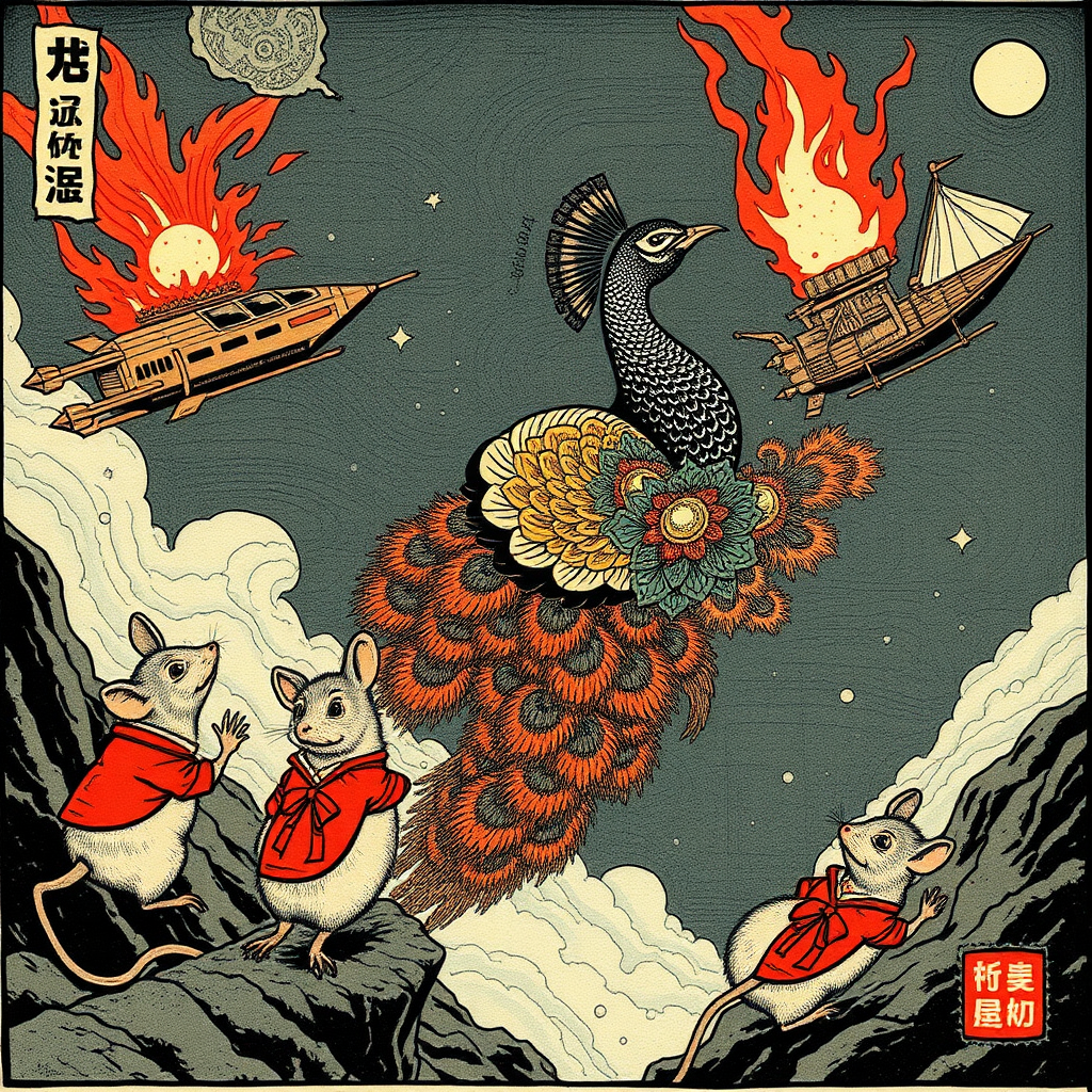 A tattooed peacock saving well-dressed rats from a burning spaceship, Chinese woodcut,