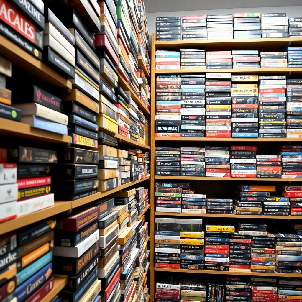 Shot of multiple shelves with board game boxes stacked vertically and horizontally, at least 300 boxes, taken at a distance of at least 3 meters. The boxes have multiple colors and sizes. Avoid boxes with black color.