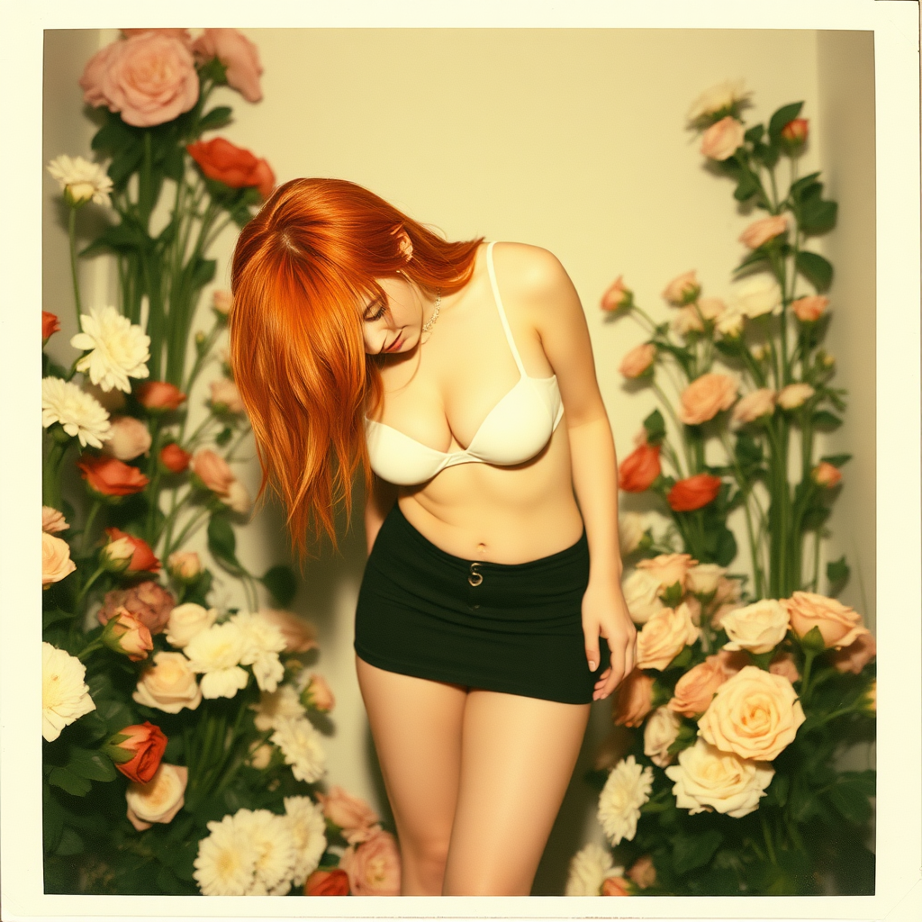 old polaroid photo depicting a sexy curvy alt goth girl with red hair and a super short tight mini skirt bending over with thong visible underneath standing in a photography studio filled with flowers