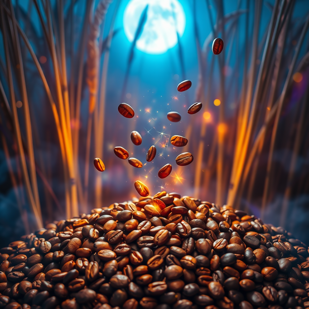 Coffee beans fall from above and pile up underneath, creating a photo with a brown roasted coffee flavor.

Dreamy light sparkles between tall reeds illuminated by the blue light of the moon surrounding the beans. Featuring an abstract composition focusing on light and color refraction, creating colorful and prismatic effects and dynamic and multifaceted shapes, colorful lights, sparkling fog, abstract patterns, mysterious atmosphere, surreal nature, spiritual beauty, and dynamic contrasts.