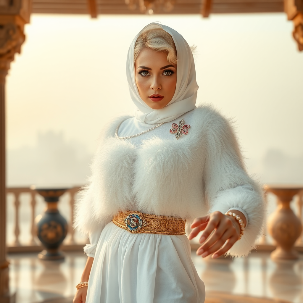 Kuwait desert palace harem patio misty dawn: Melissa, European 17 years old very convincing femboy “trophy-bimbo”, tamed servile docile, very beautiful feminine flawless face, rather short, by hormones very curvaceous womanly figured, platinum blond short tight curls, heavily made-up eyes, wearing Supertanya-style fluffy very fuzzy bright white angora turtleneck-poncho cropped ending under bust decorated with pearls and gemstones, striking oriental wide gold bridal protection belt, white fully transparent harem pants, full Oriental bridal jewelry, face covered by white sheer full Burka, coin anklets, striking diamond “$$$” letter brooch on left chest, pout frustrated, seductively dancing for the sheik, looking at camera. Focus on face and turtleneck-poncho.