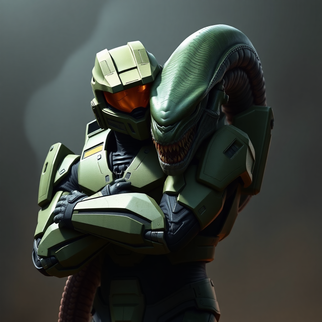 master chief from halo hugging a xenomorph