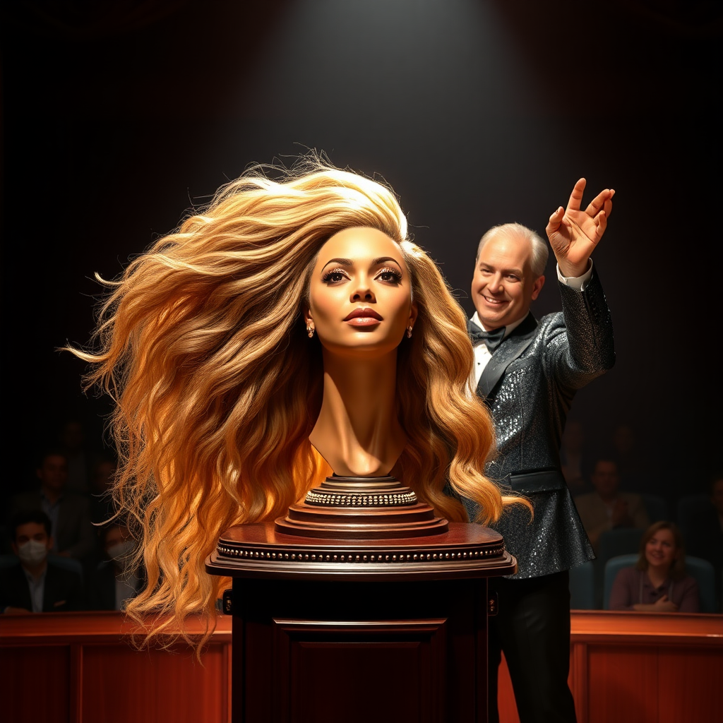 In a dimly lit theater, the atmosphere crackles with anticipation, the audience's murmurs a blend of curiosity and skepticism. On a grand, elegantly adorned display stand sits the disembodied head of the enchanting Beyoncé, her radiant skin glistening under the soft, warm glow of the spotlight. Her striking features are perfectly framed by cascading locks of lustrous, very long hair that shimmer with hues of light brown and hints of rich mahogany, reminiscent of polished silk.

Standing beside her is the magician, a charismatic figure in a sharp, tailored suit that glints with sequins in the light. With theatrical flair, he holds her voluminous hair aloft, fingers splayed wide, deftly spreading it out like a shimmering waterfall, mesmerizing the audience. The hair flows like liquid night, each strand capturing the light as it falls gracefully to the ground, creating a stunning, almost surreal contrast against the stark wooden stage.

The magician’s face is lit with a confident smile, his eyes sparkling with the thrill of the performance, as he engages the audience with playful banter. Their gasps and laughter echo throughout the room, a symphony of wonder and disbelief. The scent of polished wood and fresh popcorn wafts through the air, mingling with the underlying electricity of the moment. Time seems to stand still as the audience leans in, captivated by the spectacle, a seamless blend of illusion and artistry that promises to defy reason and ignite imagination.