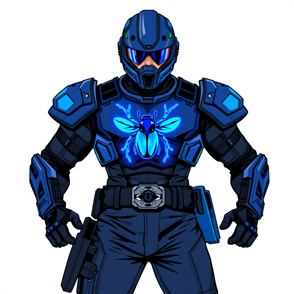 A 28-year-old cyberpunk vigilante stands heroically, clad in hi-tech, maximum blue tactical armor featuring a neon blue beetle on the chest. He wears black biker pants, a black belt with a sapphire beetle buckle, and a helmet resembling a sleek, tactical design, but colored maximum blue with neon blue lenses. Their hands are protected by black hi-tech gloves, all set against a solid white background. He is drawn as if he was in a retro 2D cyberpunk fighting game.