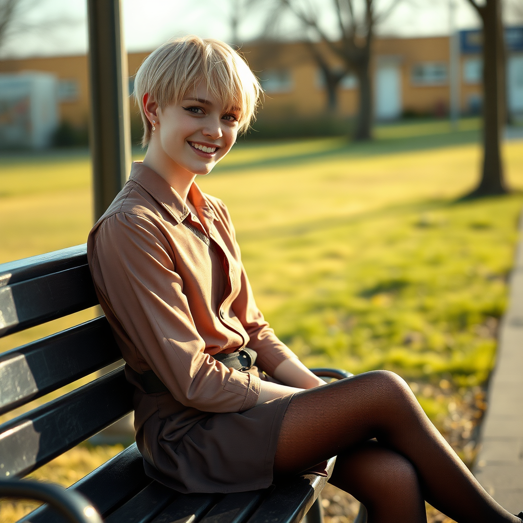 photorealistic, ultra high resolution, 16K, surreal fantasy, soft studio lighting, a pretty 18 year old goth male, slim male physique, short blonde hair, goth makeup, earrings, shiny black pantyhose, UK girls-school uniform, Mary-Jane shoes, sitting on a bench waiting for the school bus, in daylight, excited smile, facing the camera.